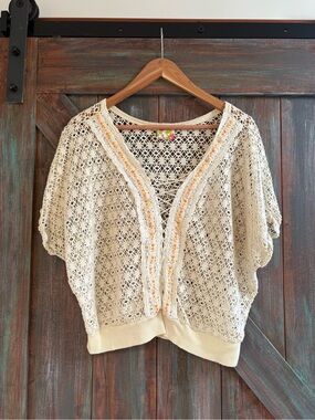 Free People Cream Crochet Openwork Sweater with Floral Label